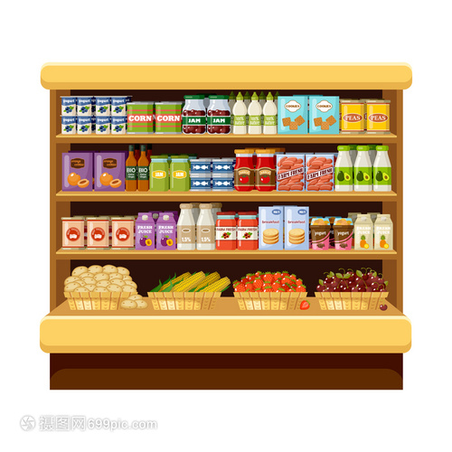 超市乳品區(qū) 儲藏室與貨架的矢量平插圖解